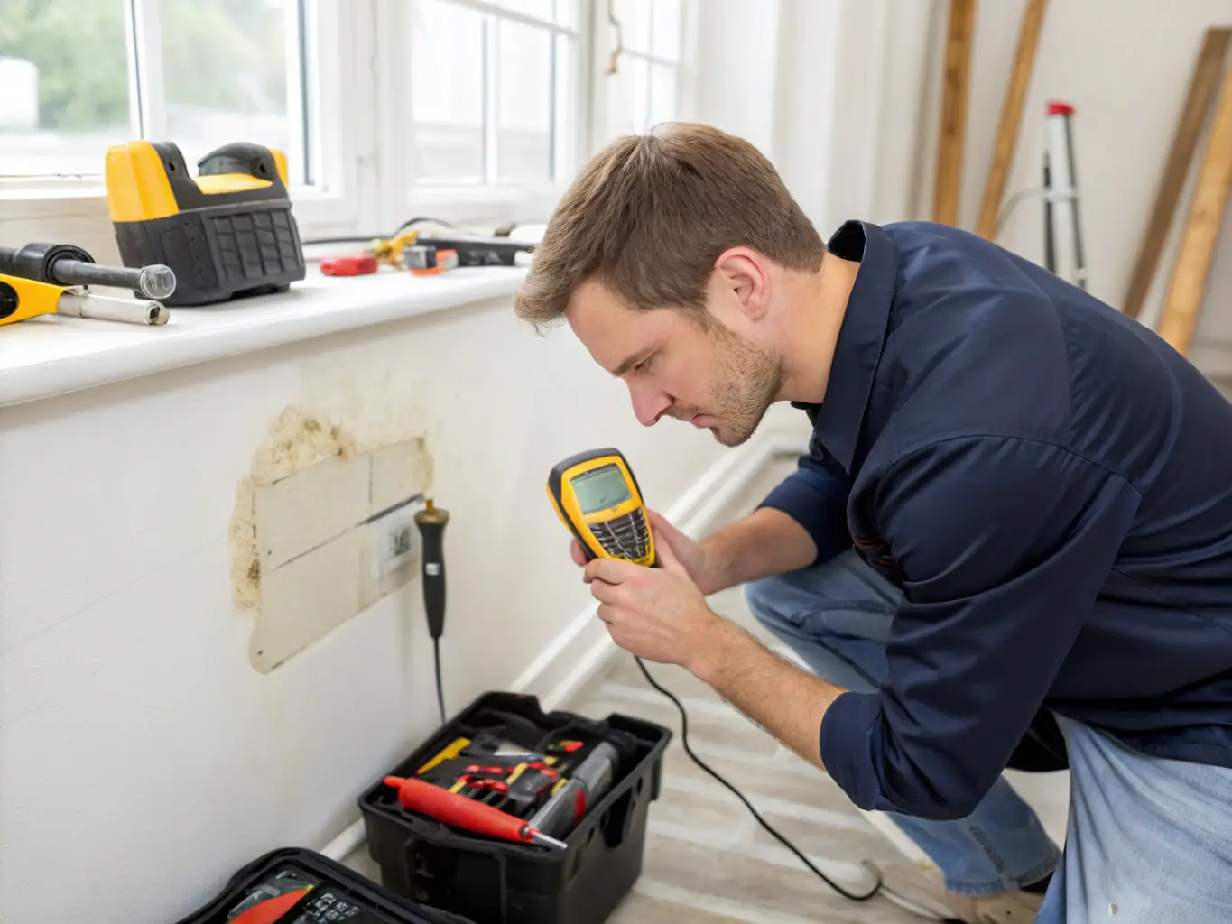 An image showing a technician using moisture detection equipment to identify hidden moisture within walls and floors, highlighting the thoroughness of the drying process.
