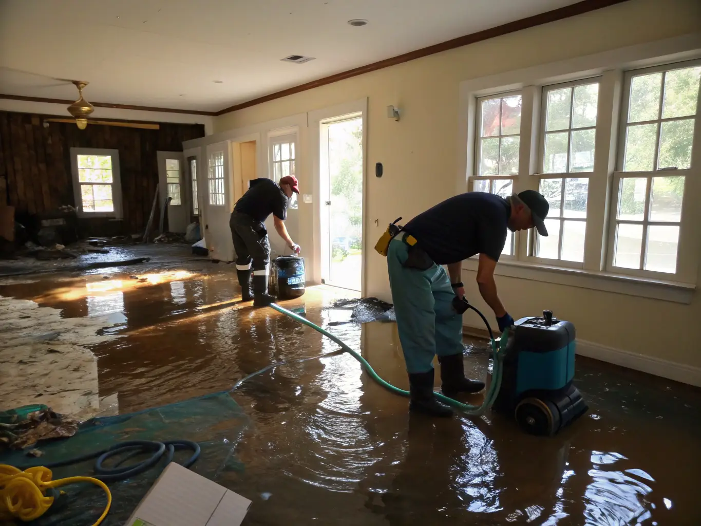 A high-resolution image depicting a flooded basement with restoration workers using water extraction equipment, emphasizing the urgency and professionalism of the cleanup process.